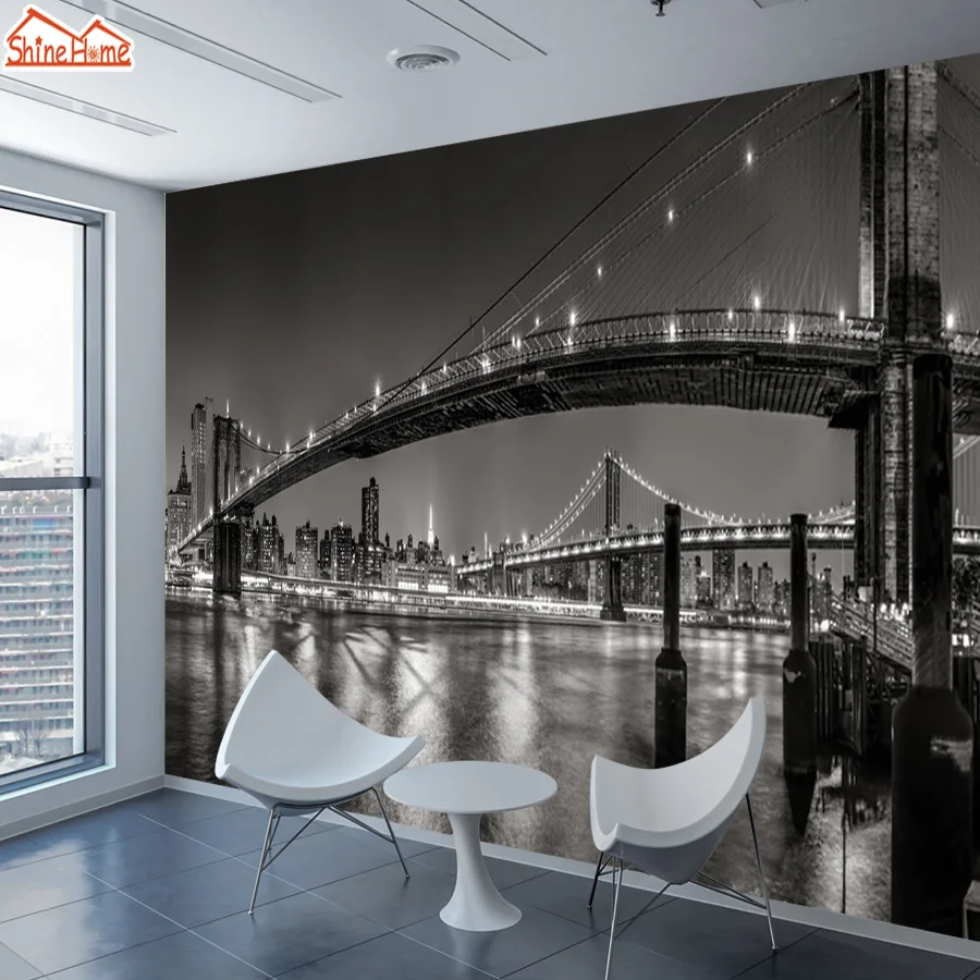 ShineHome New York Bridge черно белые ночные городские обои 3d стереоскопические для стен
