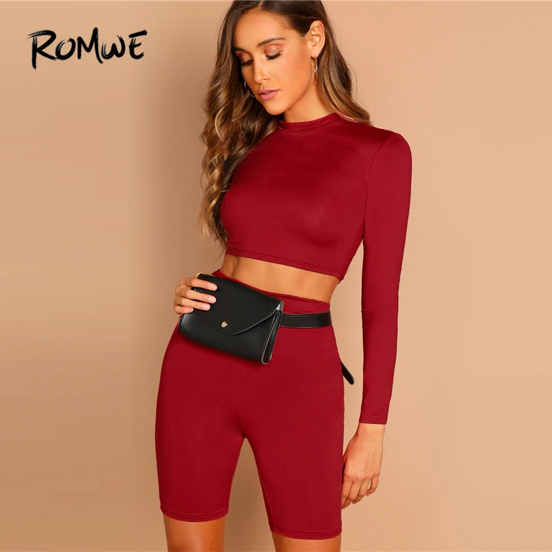 

ROMWE Form Fitting Crop Top And Leggings Shorts Set 2019 Stand Collar Burgundy Women Set Spring Autumn Womens Two Piece sets