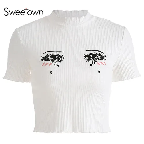 Sweetown/Харадзюку, Kawaii, комикс, графические футболки, Плачущие глаза, граффити, женская одежда, белая, короткий рукав, o-образный вырез, обрезанная футболка - Цвет: white