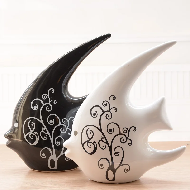 buy Modern creative ornaments decoration wine cabinet TV cabinet ceramic kiss fish new home living room interior furnishings