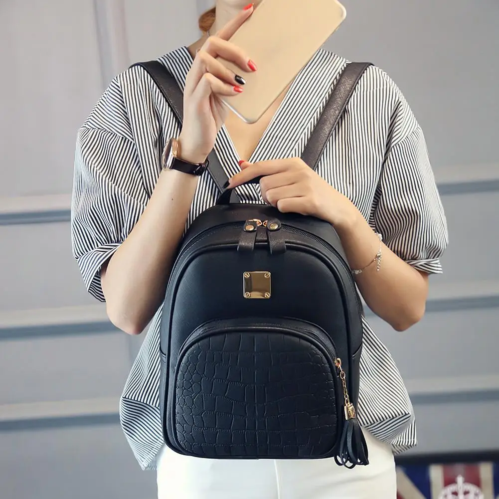 

Women Small Tote Backpack Crocodile Pattern Embossed Tassel Zipper Shoulder Bag