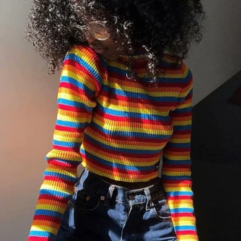 

Colorful Striped Women Turtlneck Slim Bottoming Sweaters Skinny Elegant Knitting Wear Cotton Crop Top Thin Sweater