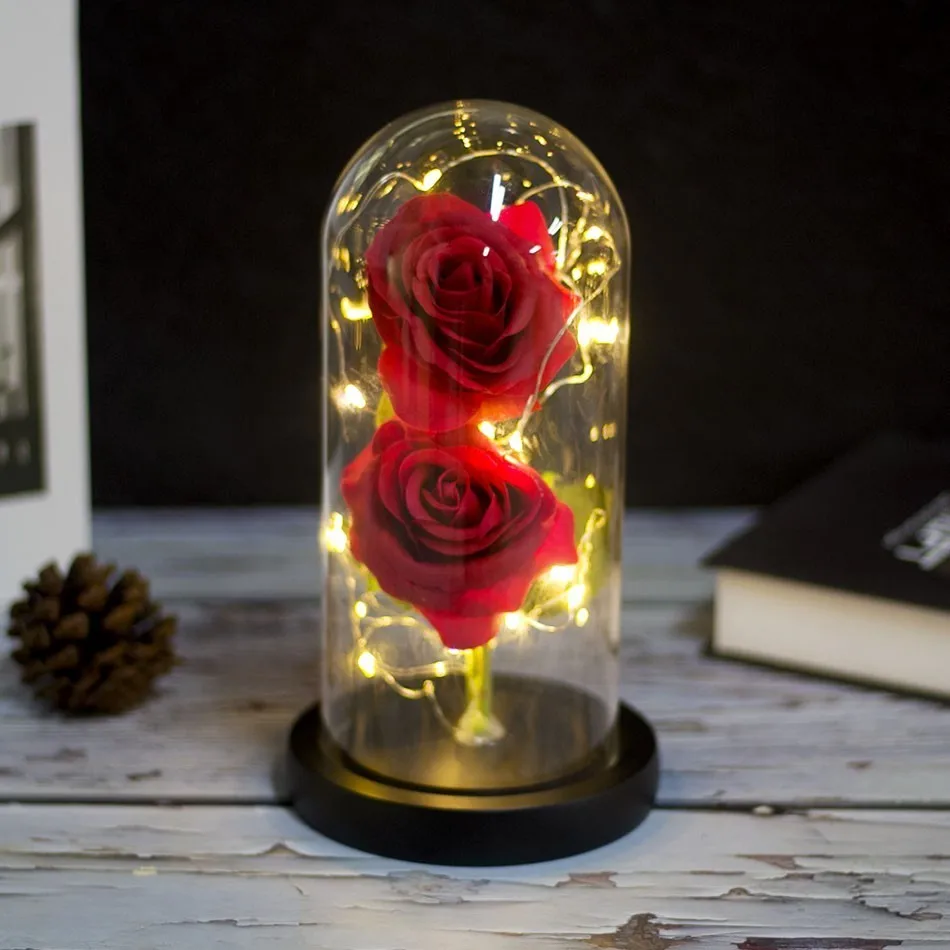 

Beautiful Eternal Rose LED Light Beauty And The Beast Rose In Glass Dome for Valentine's Day Wedding Party Mother's Day Gift