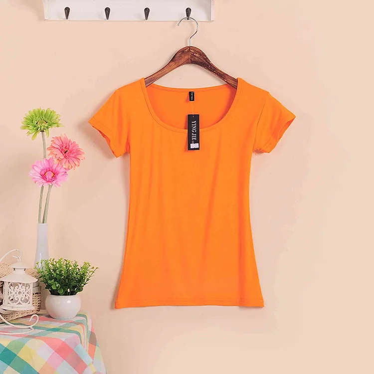 Базовые Стрейчевые топы размера плюс,, Летний стиль, короткий рукав, футболки для женщин, u-образный вырез, хлопок, женские футболки, повседневные футболки - Цвет: W00630 orange