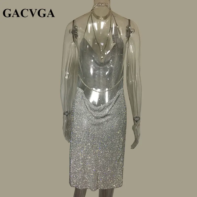 Skup GACVGA 2019 Crystal Metal Halter lśniąca letnia sukienka sukienka plażowa dla kobiet cekiny Mini Sexy sukienek Vestidos