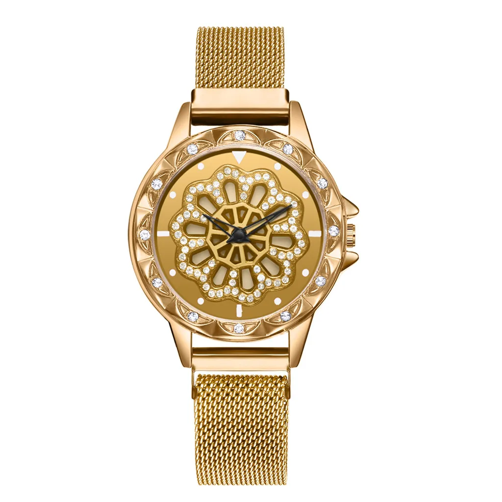 Женские модные часы с вращающимся на 360 градусов роскошным бриллиантовым циферблатом, Женские кварцевые наручные часы с сетчатым ремешком, Reloj Mujer Saat