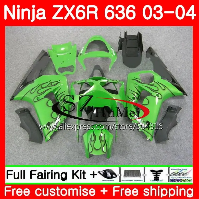 

Body For KAWASAKI NINJA ZX-6R 03-04 ZX-636 ZX600 ZX636 10SH16 ZX 636 600CC ZX6R 03 04 ZX 6R 2003 2004 Fairings kit black flames