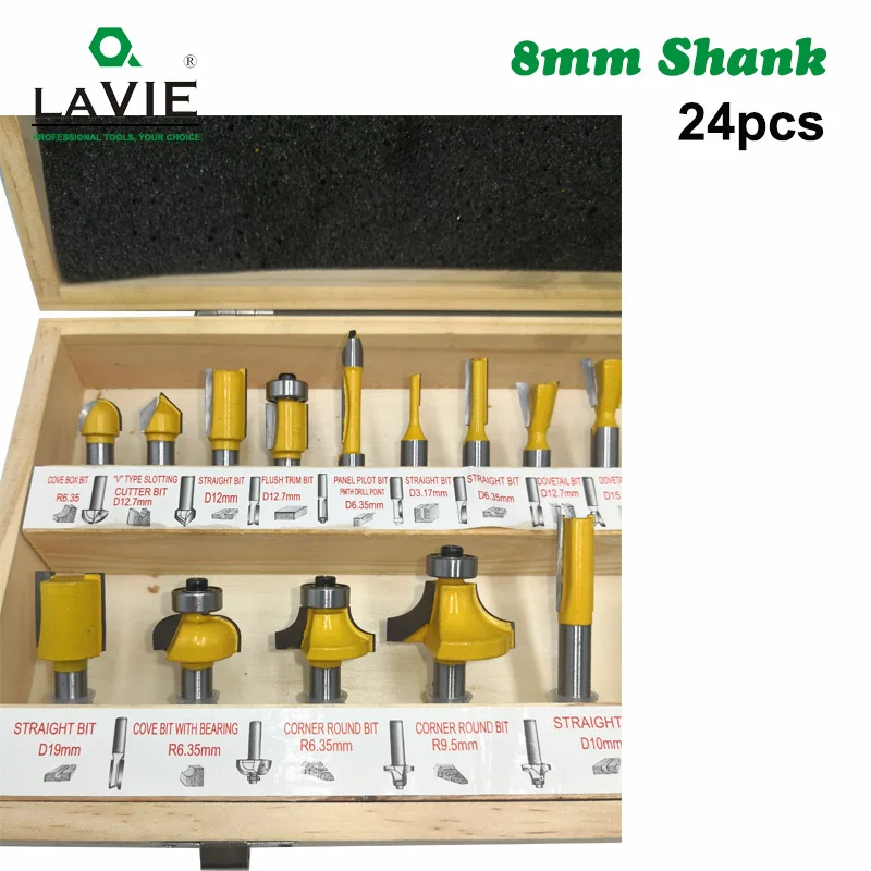 24PCS 8mm Shank DIY Woodworking Router Bits Set Milling Cutter for Wood Flush Straight Chamfer Trimming Engraving Tool MC02012