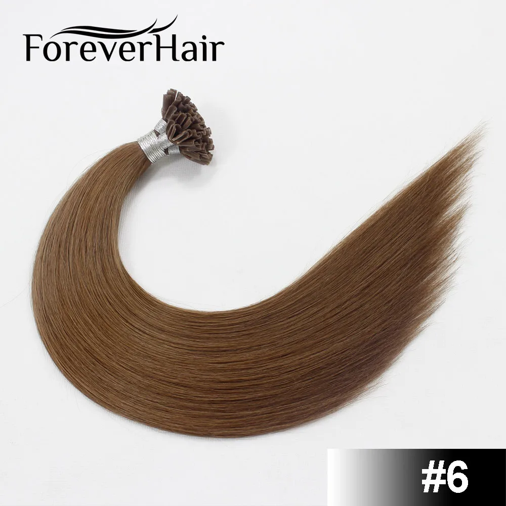 FOREVER HAIR 0,8 г/локон 1" Remy Nail U Tip Prebond Кератин клей человеческие волосы для наращивания темно-коричневый#2 50 прядей прямой Fusion - Цвет: #6