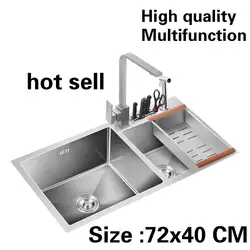 Бесплатная доставка квартира многоцелевой мыть овощи Роскошные кухня ручная раковина двойной паз 304 нержавеющая сталь 720x400 мм