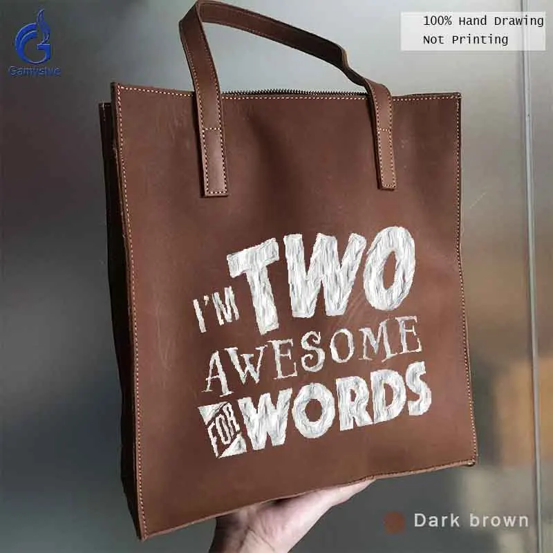 

Women Handbag 100% Genuine Leather Women's Grain Cowhide Leather Bag Handbags Totes Gifts with FUN letters I'm TWO AWESOME