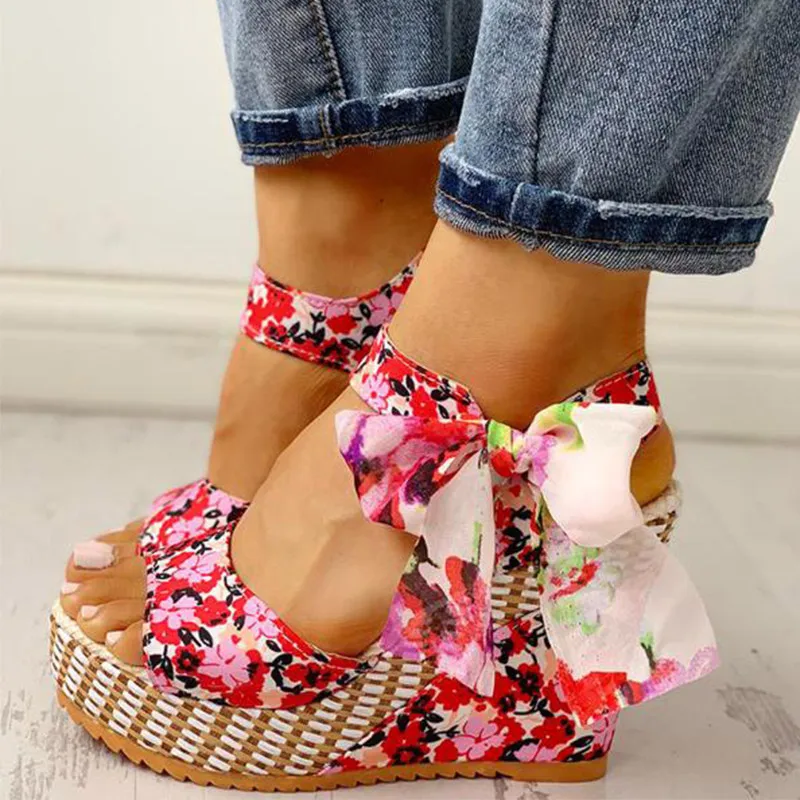 

Women Summer Wedge Sandals Female Floral Bowknot Design Platform High Heel Sandals Fashion Ankle Strap Open Toe Ladies Shoes