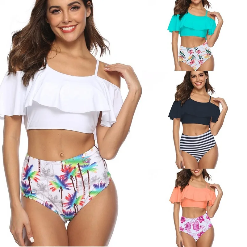 

2019 Swimsuit Solid Shirt Printed High Waist Shorts Bikini Large Ruffled Tube Top Push High High Elastic Large Size Swimwear