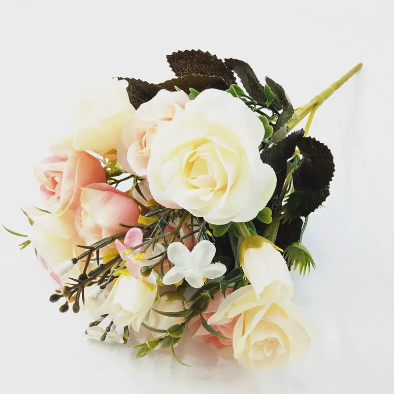 Искусственные цветы 13 голов/Букет шелковые розы с маленькими бутонами Искусственные цветы зеленые листья домашних ВАЗ Осенняя декорация для свадьбы - Color: light pink