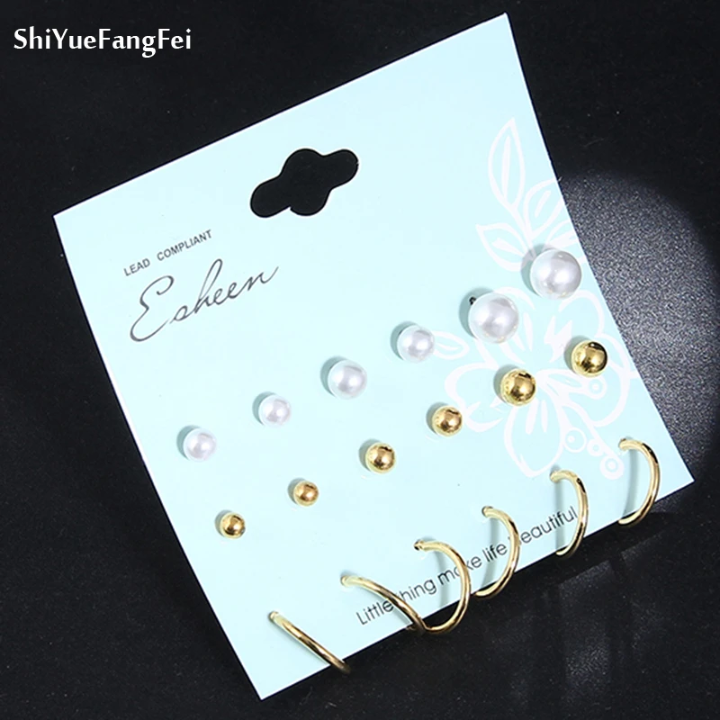 

New Fashion Jewelry Simple Round 9 Sets Large And Small Pearl Earrings Set Boucle D'oreille Femme 2018 Stud Earrings