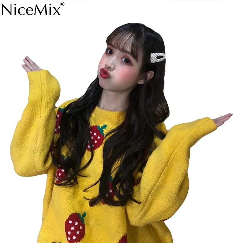 

NiceMix Casual Sweater Women Strawberry Pullovers Winter Harajuku Knitwear Berry Loose Jumpers Woman Clothes Pull Femme Hiver