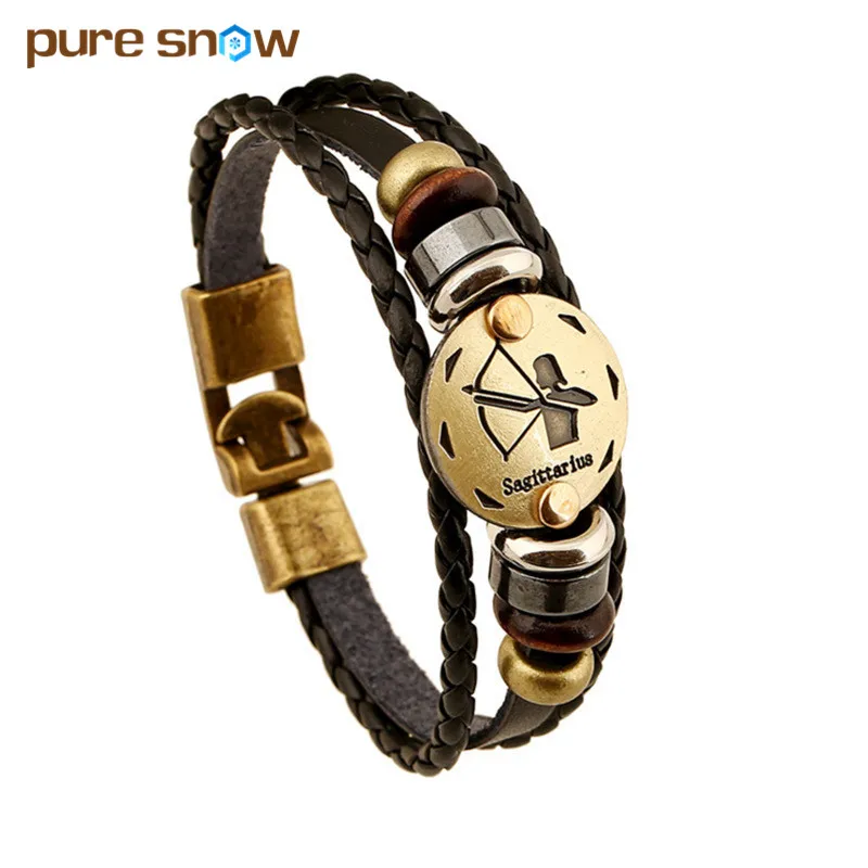 Fashion Bronze Alloy Buckles 12 Zodiac Signs Bracelet Punk Leather Bracelet Wooden Bead + Black Gallstone For Men Charm Jewelry