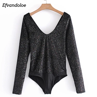 Черный Efvandoloe Velvet Women Bodysuits Bodycon Slim Sexy sequin Jumpsuits Long Sleeve Bodysuit - Цвет: Черный