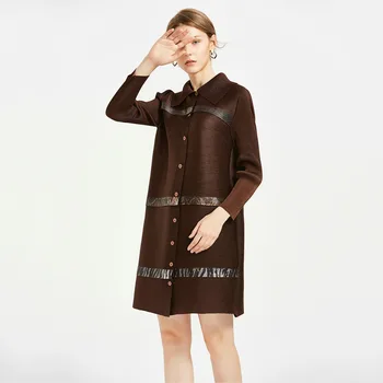 

Plus Size Dress Miyake Pleats 2019 Autumn Women New Korean Vintage Single Breasted Turn Down Collar Long Sleeve Dress Female