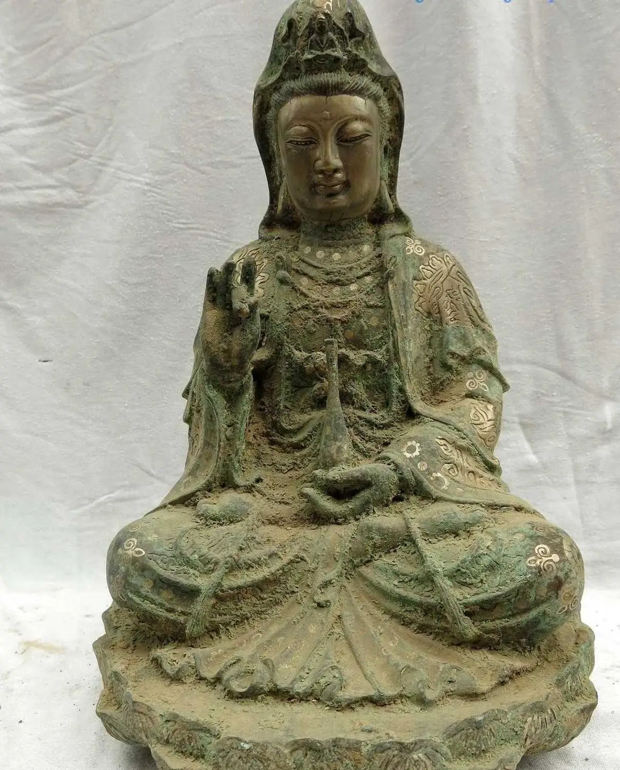 

15" China old bronze silver sculpture carved buddhism Kwan-yin buddha Statue