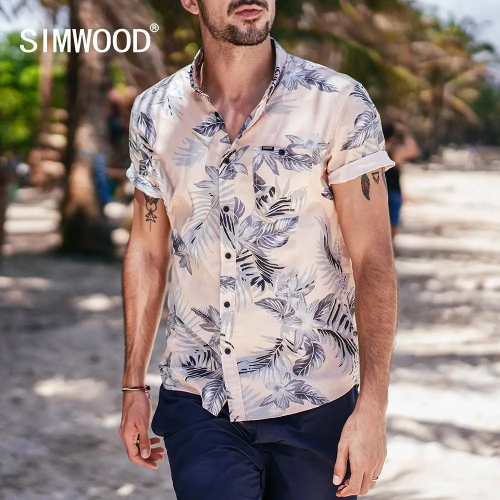 SIMWOOD 2019 الصيف جديد هاواي قصيرة الأكمام قمصان الرجال عطلة 100% القطن تنفس الأزهار قميص زائد حجم الملابس 190263