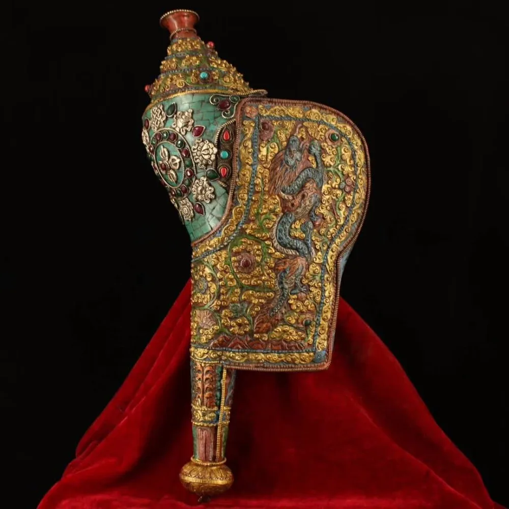 

Lonng 44CM/17.3INCH!Tibetan hand-painted natural conch inlaid semi-precious stones pure bronze eight treasures Charonia tritonis