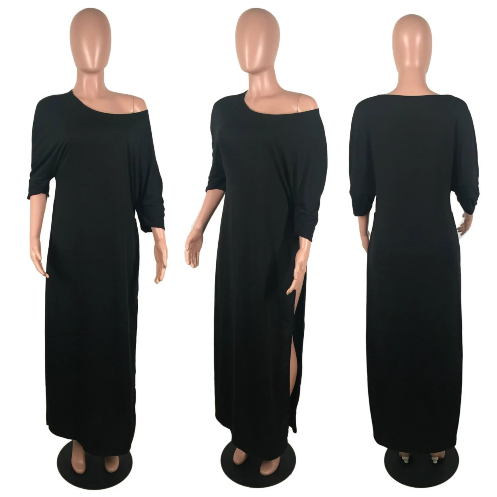Новое повседневное женское платье с О-образным вырезом и открытыми плечами, рукав летучая мышь, сексуальное свободное Модное Длинное Макси платье-рубашка с высоким разрезом - Цвет: Black