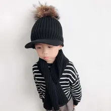 Коллекция года, осенне-зимняя шапка с меховым помпоном для детей, детская вязаная бейсболка в полоску с шарфом, брендовая бейсболка s