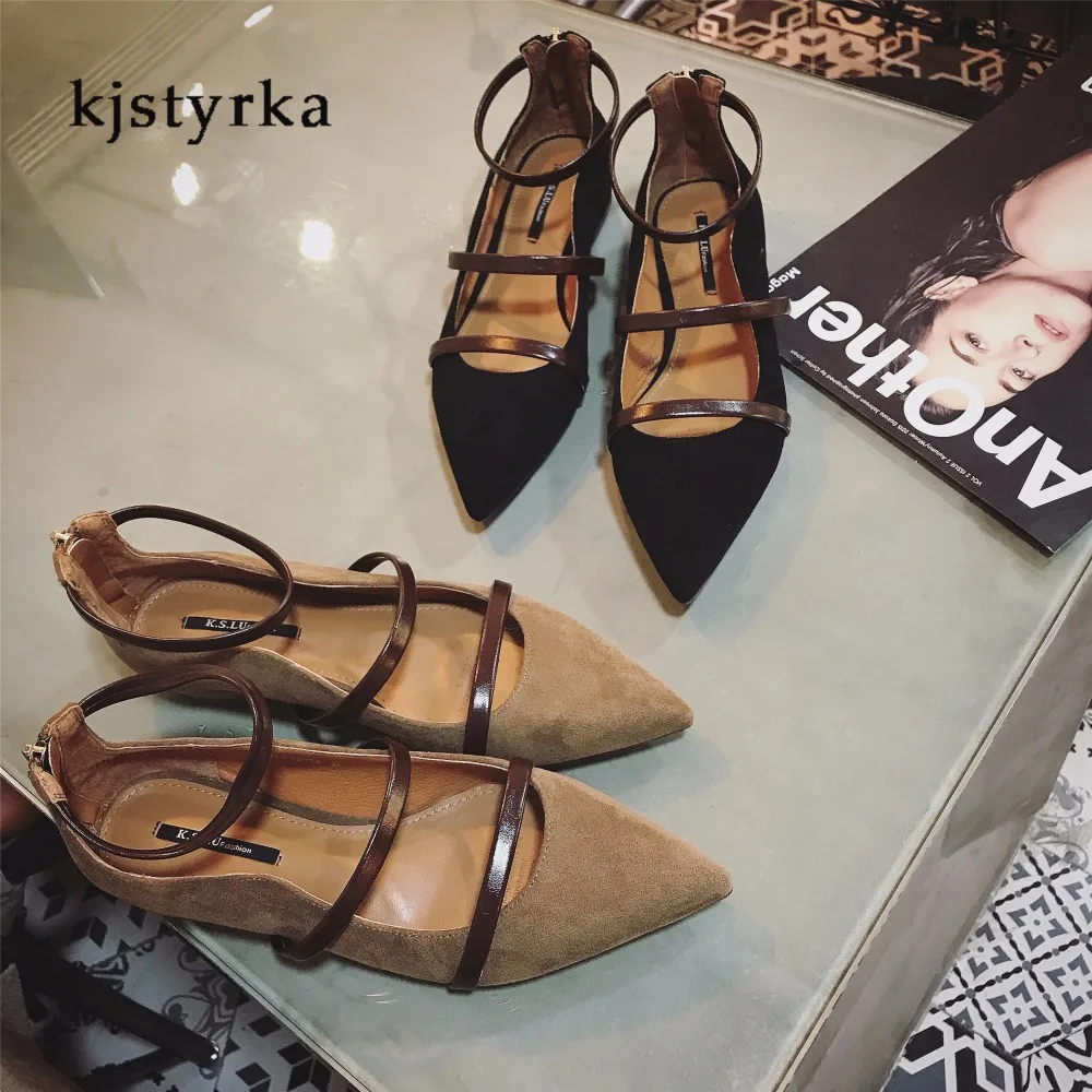 

Kjstyrka chaussures femme 2019 flock fashion comfortable shoes Women flats mouth pointed retro zipper sapato feminino
