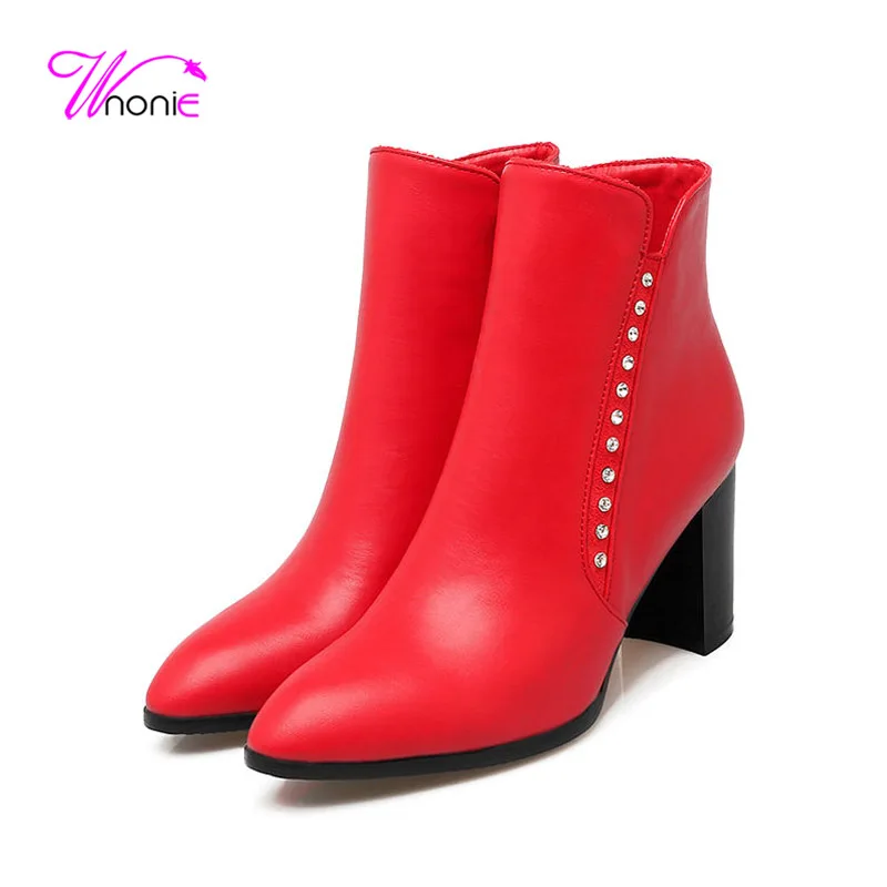 

2017 Shoes Women Ankle Short Boots Square Block High Heel Boots Zipper Rhinestone Pointed Toe Winter Dress Party Ladies Shoes