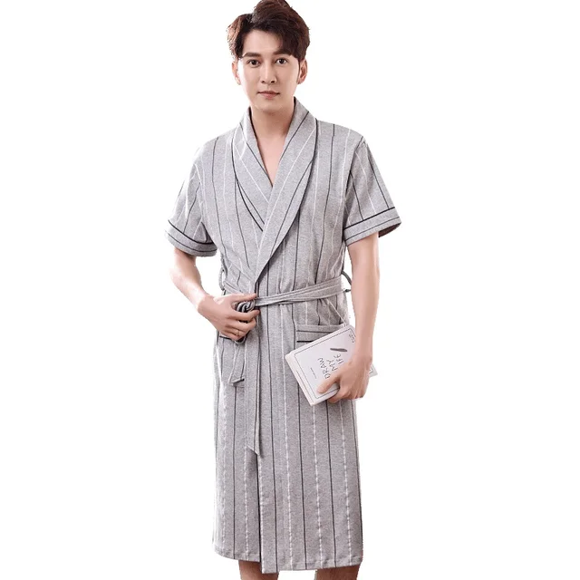 Striped Robe Men Summer Short Sleeve 100% Cotton Bathrobe Male V neck ...