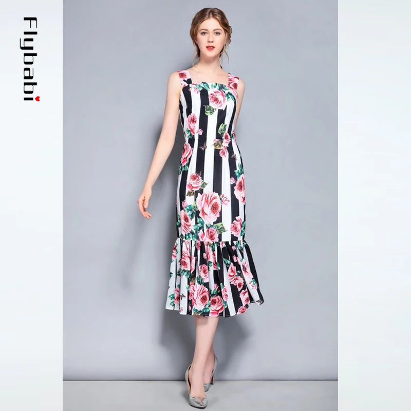 black and white striped dress with flowers