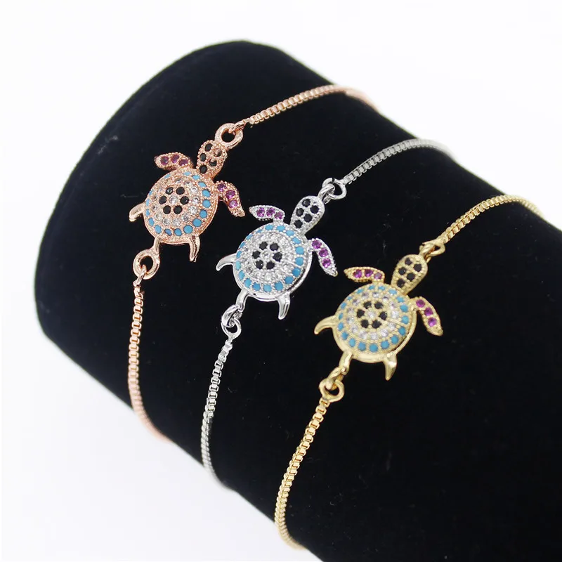 

Multicolor CZ Zircon Sea Turtle Charms Bracelet 3 Colors Copper Adjustable Chain Charm Bracelets for Women Ocean Jewelry