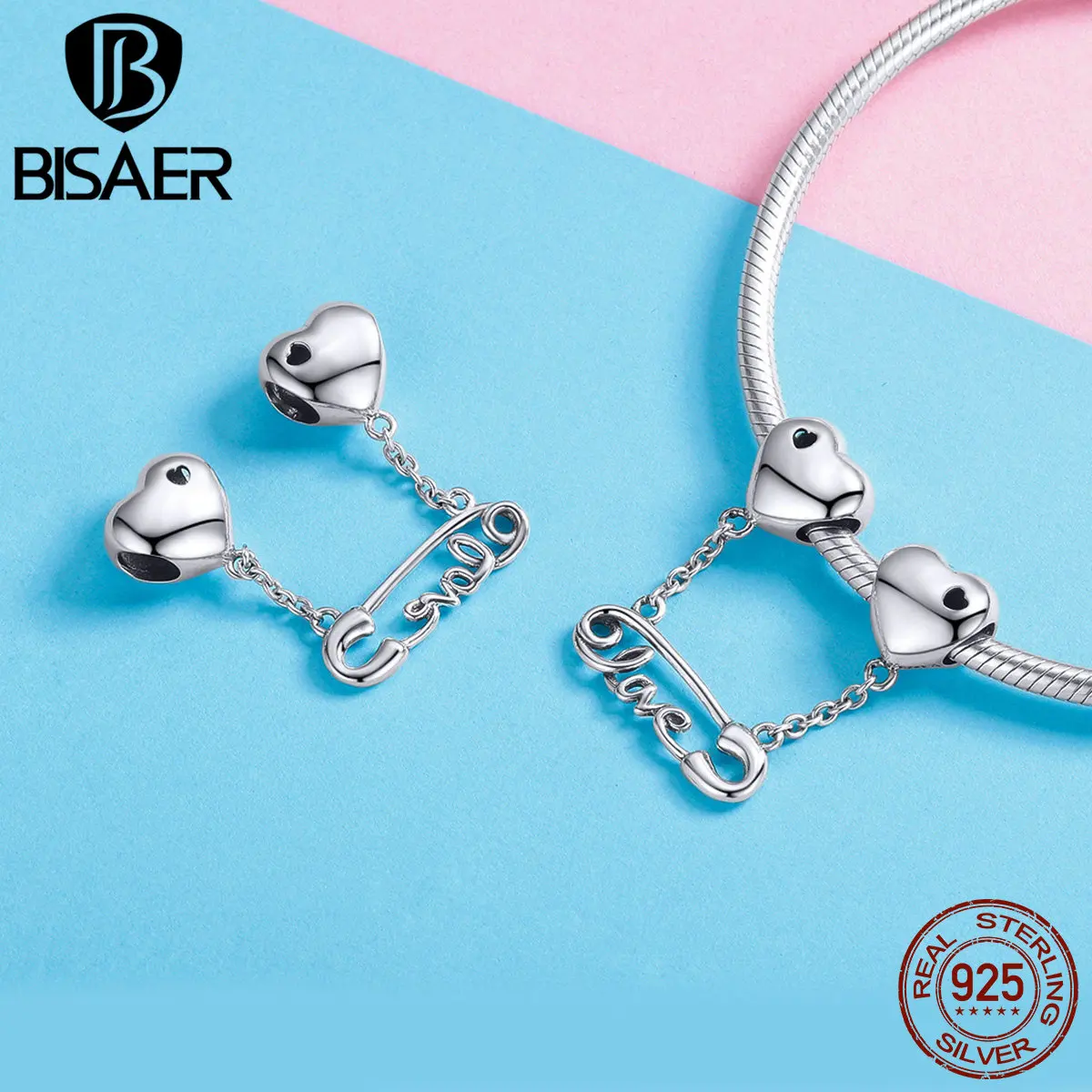 

BISAER 925 Sterling Silver Love Clip Charm Beads Safety Chain Fit Original Charm Bracelet Necklaces Trendy Women Jewelry GXC1143
