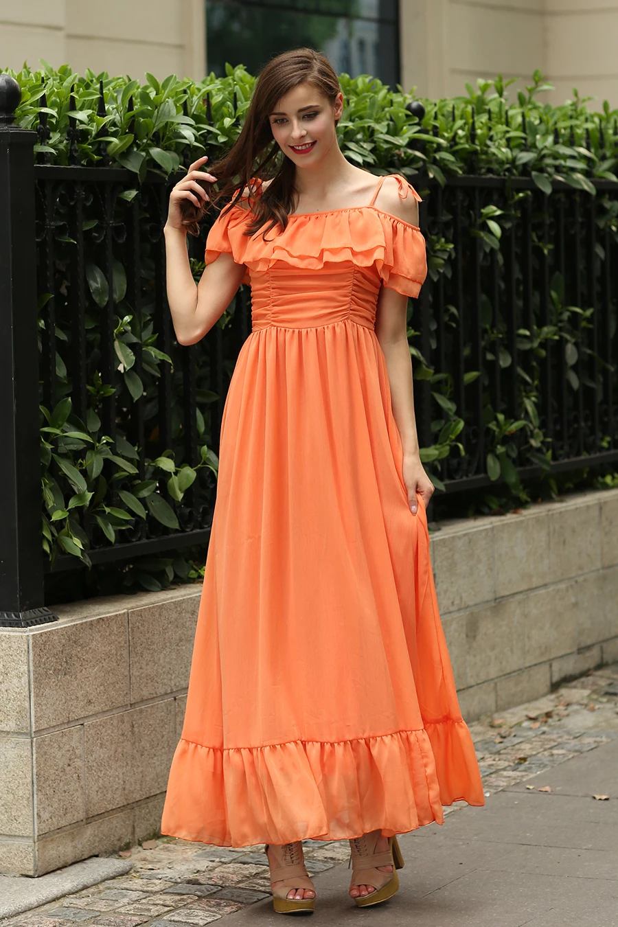 2017 girls fashion summer holiday beach orange long dresses women's
