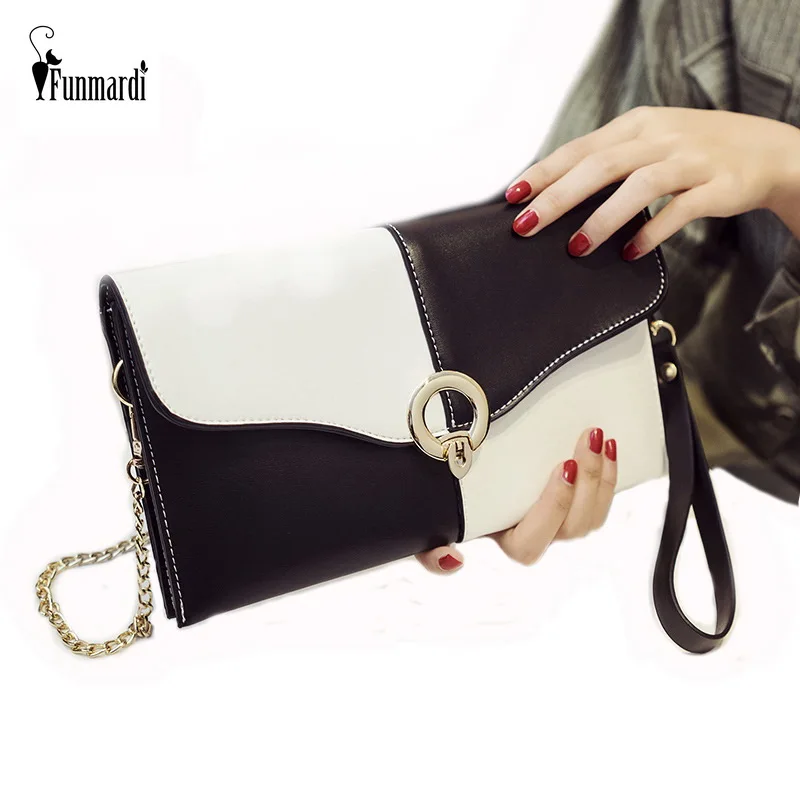 

FUNMARDI European Patchwork Clutch Female Envelope PU Leather Women's Bag Over Shoulder Bags Clutch Chain Messenger Bag WLHB1956