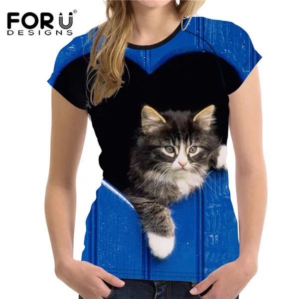 FORUDESIGNS/футболка с 3D котом и животными для женщин брендовая одежда Женская Повседневная футболка с короткими рукавами удобные эластичные футболки в стиле хип-хоп - Цвет: H1500BV