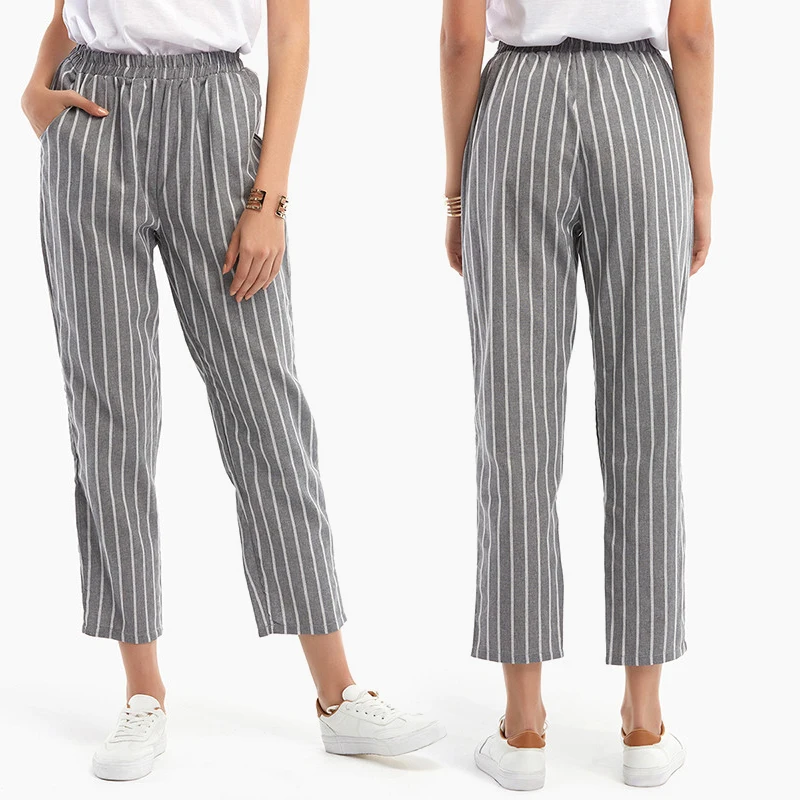 

Women Casual Stripe Pants Elastic Pockets Long OL Trousers Big Plus Size Ladies