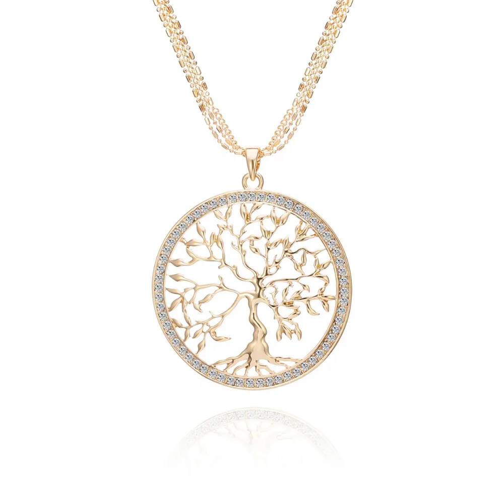 Большое древо жизни, Кристальное ожерелье с подвеской для женщин, розовое золото, круглое дерево, многослойное длинное ожерелье, модное ювелирное изделие, подарок матери