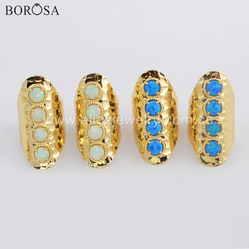 

BOROSA 5PCS Gold/Silver Bezel Round Shape White Blue Japanese Manmade Opal Claw Band Rings Fashion Jewelry Factory Outlet ZG0396