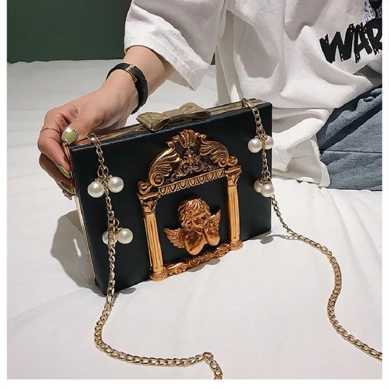 

Women Retro Embossed Baroque Angel Flower Messenger Bag Female Pearl Chain Shoulder Bag Ladies Box Tote Leather Crossbody Bags
