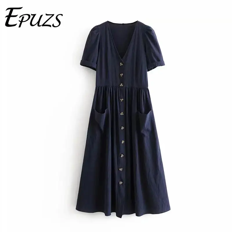 

Vintage button cotton linen long dress women casual short sleeve party dress korean summer dress 2019 boho Vestidos
