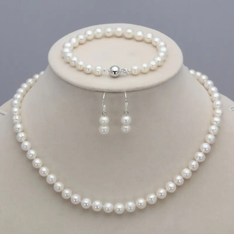 

New 7-8mm Natural Freshwater Pearl Necklace Bracelet Earrings Set AAA+
