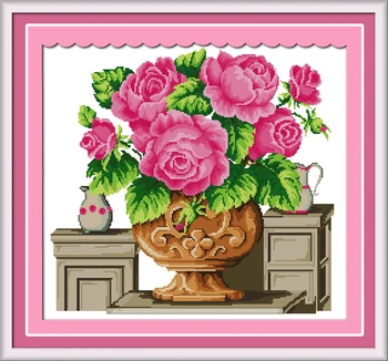 

Rose vase(Pink) flower cross stitch kits 14ct white 11ct print on canvas embroidery set sewing hand made crafts home decor