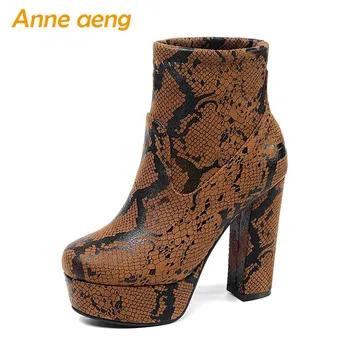 

2019 New Winter Women Ankle Boots High Square Heel Round Toe Slip-On Leopard Sexy Ladies Women Platform Shoes Brown Warm Boots