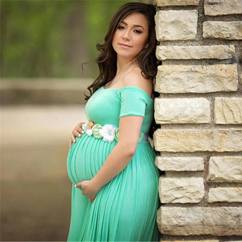 Новые Элегантные платья с открытыми плечами для беременных; Одежда для беременных; мягкое платье для беременных женщин; реквизит для фотосессии - Цвет: Зеленый