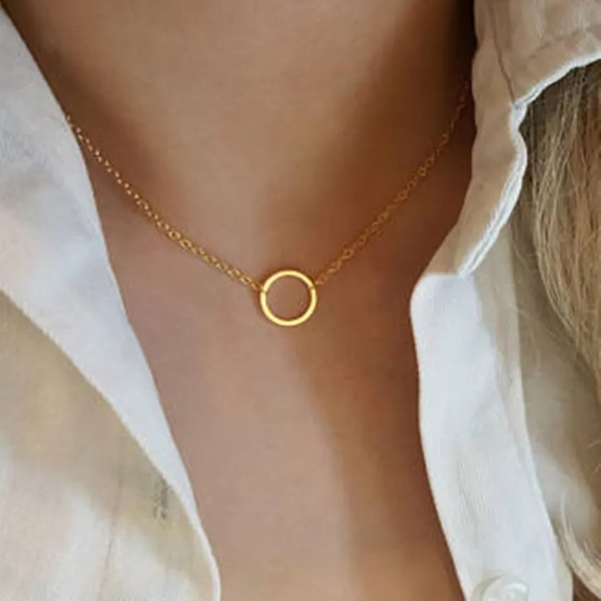 Vintage Minimal Dainty Circle Necklace For Women Stainless Steel Gold