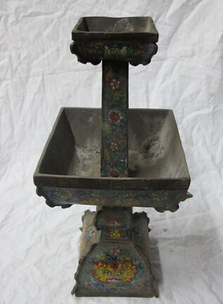 

007809 18"Chinese old Bronze Copper Cloisonne Zun double-deck oil lamp statue
