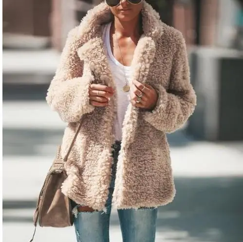 

2019 New Winter Pocket Faux Fur Teddy Bear Coat Jacket Women Fashion Open Stitch Coat Female Long Sleeve Fuzzy Jacket Coat