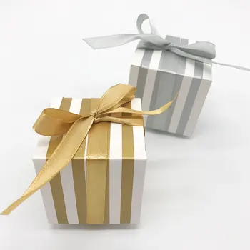 

50pcs Gold Silver Striped Cube Box With Ribbon For Wedding Gift Box for Guests Birthday Party Candy Box Favors Packaging